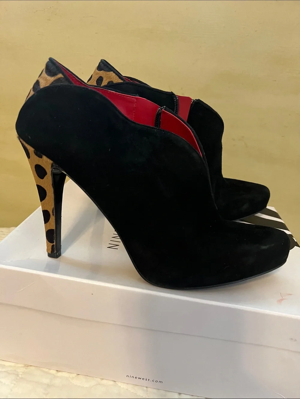 Nine West Flaux Suede High Heel Ankle Booties with Leopard Heel